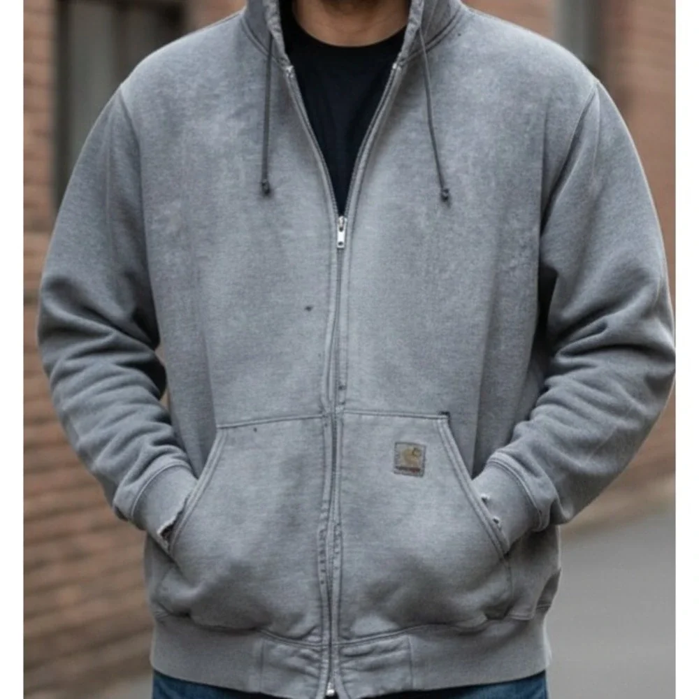 Vintage Carhartt Zip Up Hoodie Grey XL Tall‎ Distressed Sun Faded Workwear Mens